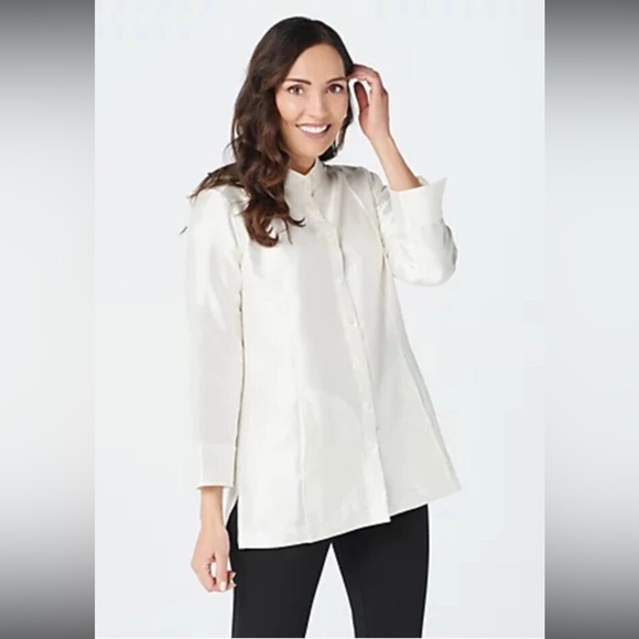Linea by Louis Dell'Olio Tops - Linea by Louis Dell'Olio Faux Shantung Band Collar Shirt Shacket